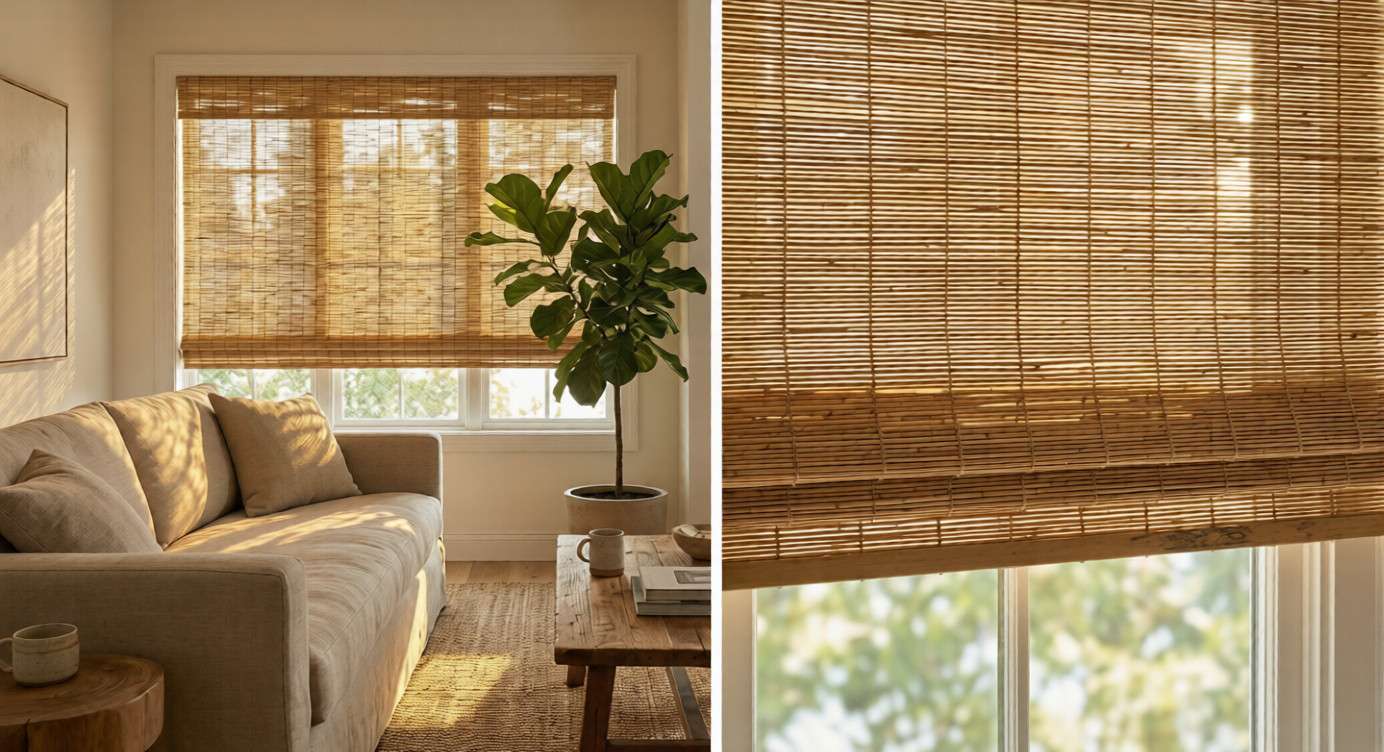 A beautiful interior design shot of a living room window covered by a natural bamboo roman shade