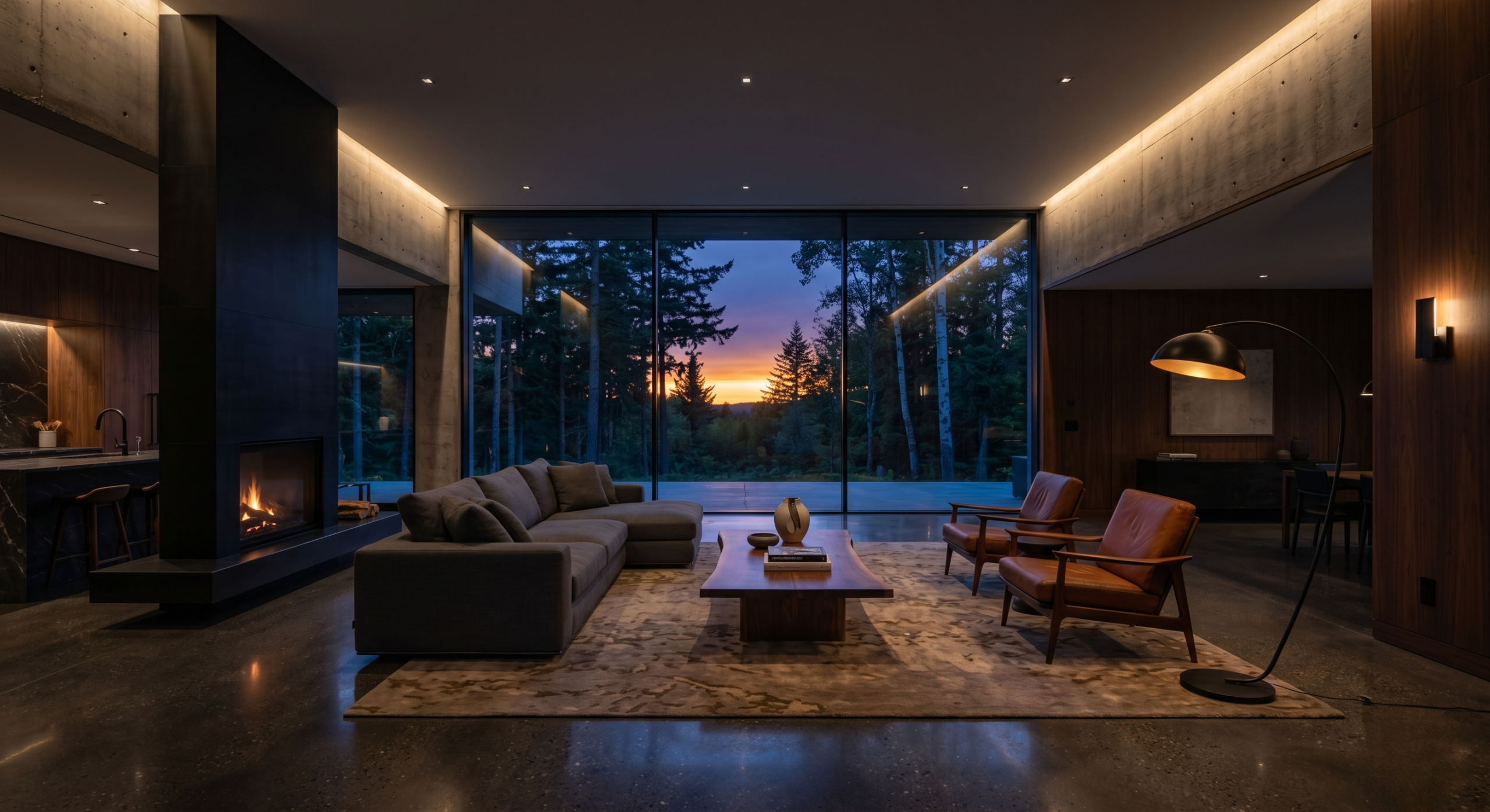 A breathtaking, wide-angle interior shot of a minimalist, multi-million dollar luxury living room at twilight