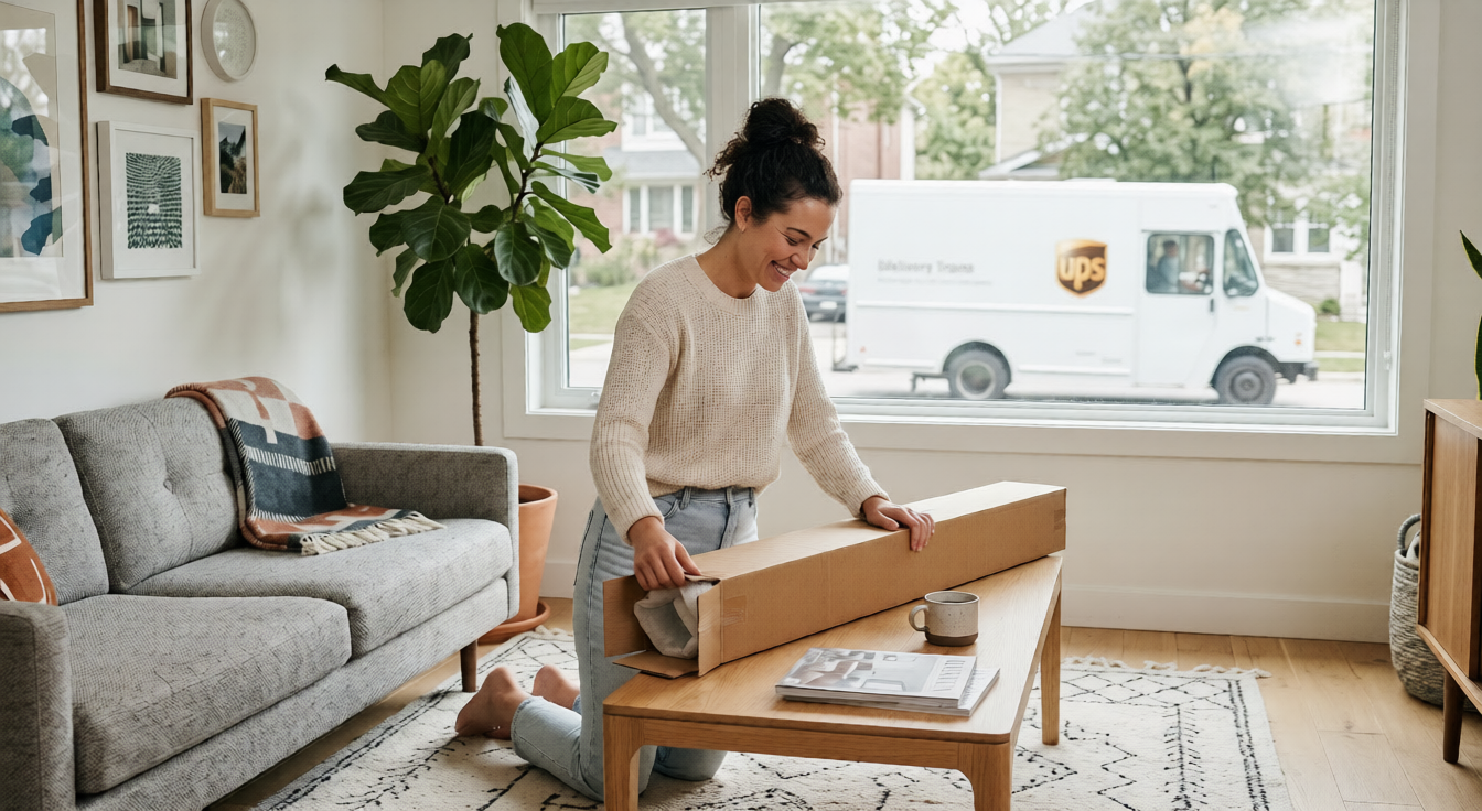 A bright, high-quality lifestyle photograph showing a person happily opening a long, rectangular cardboard package in their stylish living room