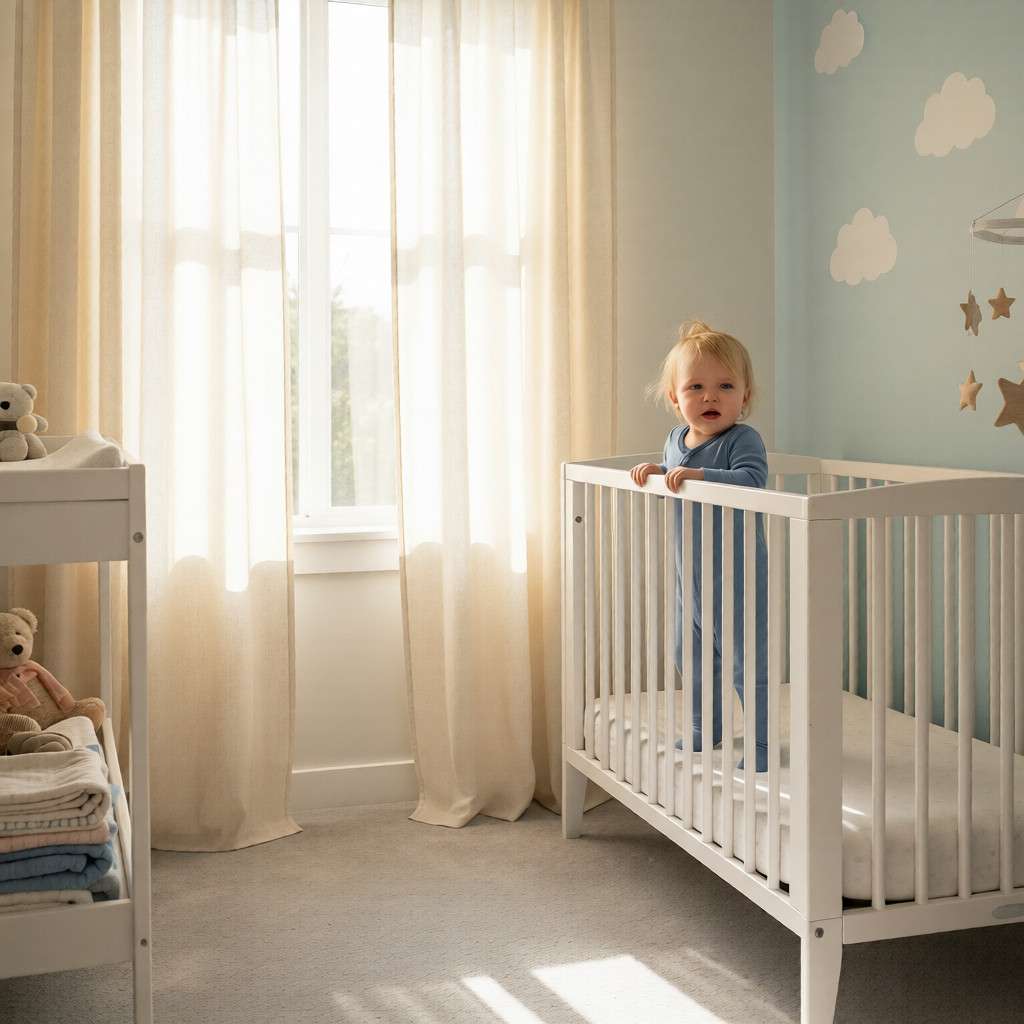 A lifestyle photo of a modern, cute baby nursery during daytime nap time